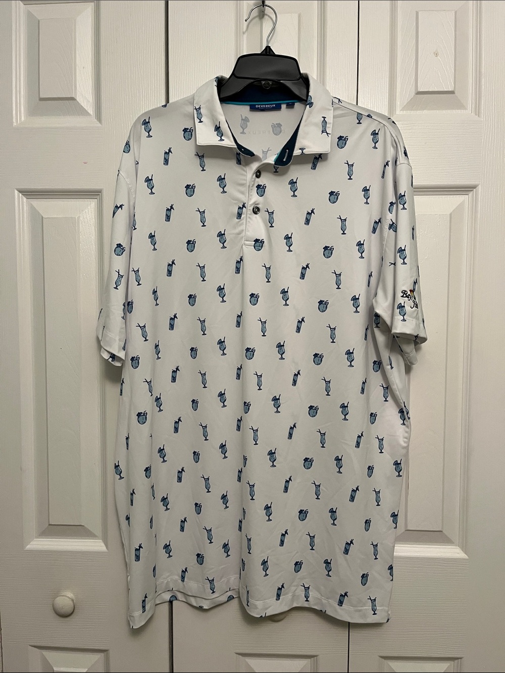 Devereux Men's White Polo with Blue Golf Print - Performance Short Sleeve XL